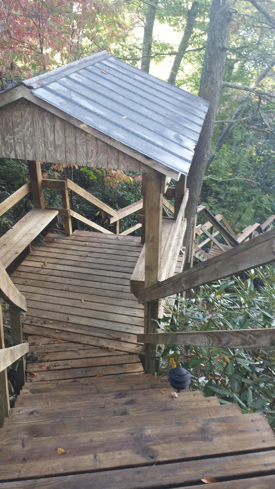 Metal roofed shelter over wooden steps on a wooded walkway — Skylight Repair & Installation work by our crew in Fairland